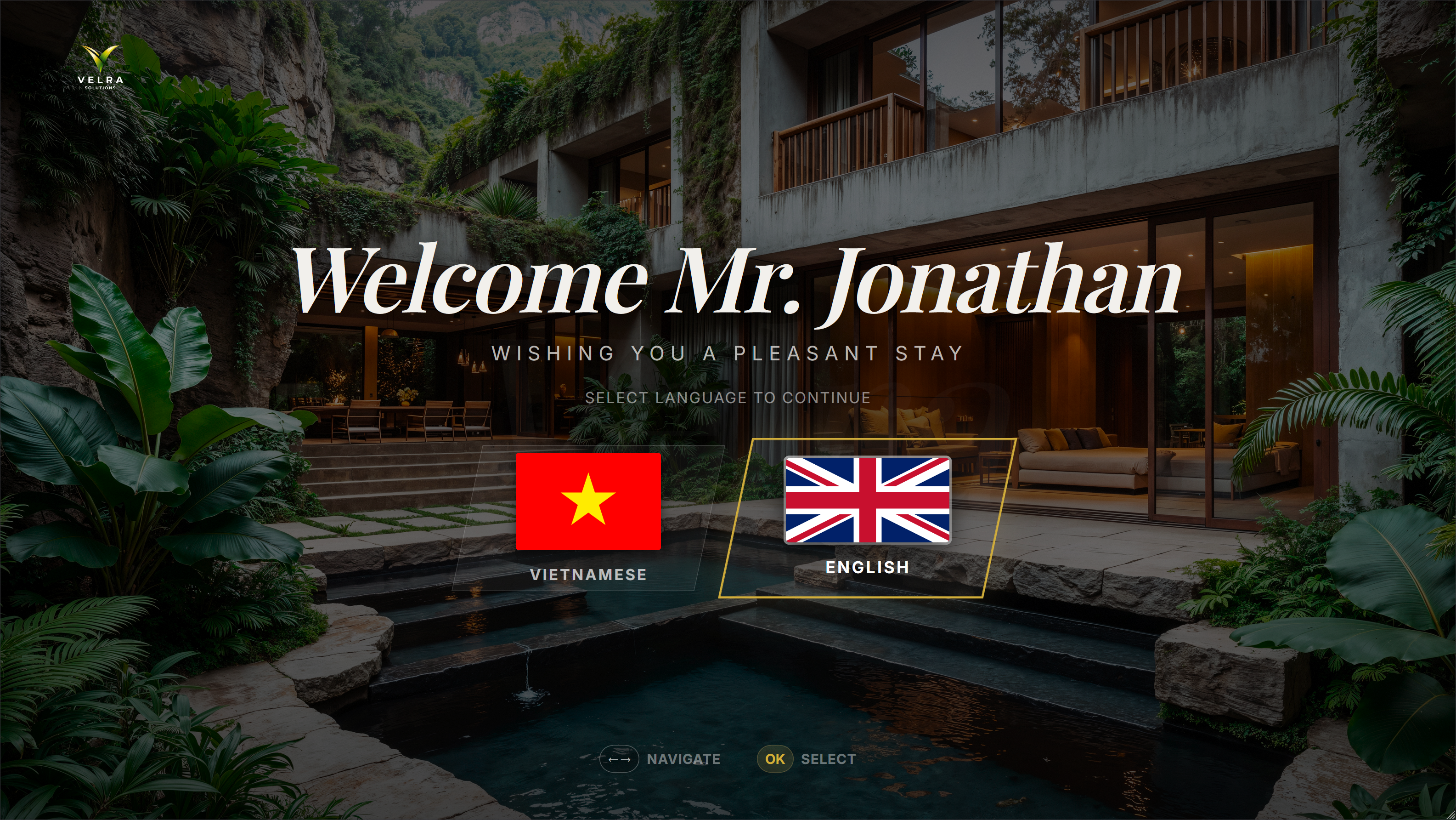 Welcome Screen — Personalized guest greeting, language selection